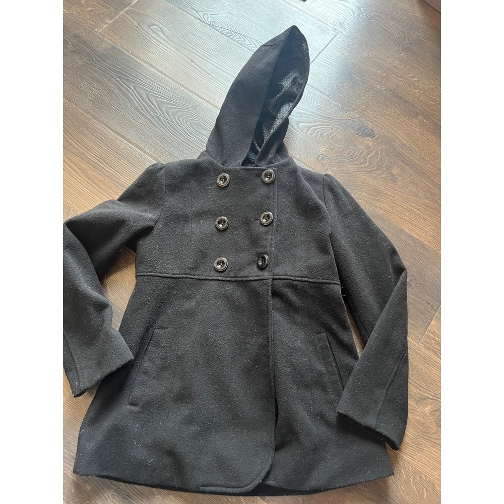 Rothschild Girls Black Double Breasted‎ Hooded Wool Blend Coat Size 14